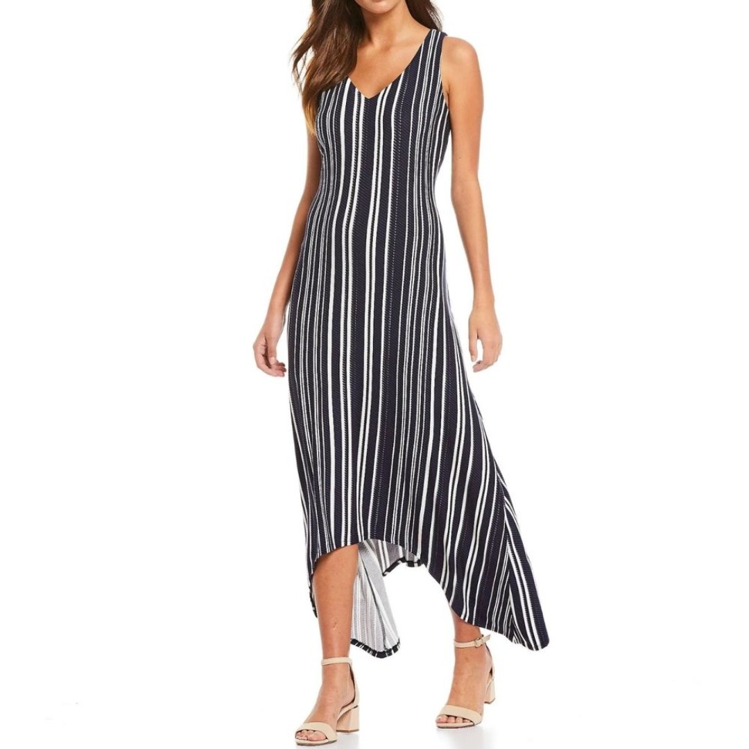 Tommy Bahama Anoche Stripe Blue White Sharkbite Hem Hi Low Midi Maxi Dress Small - detail