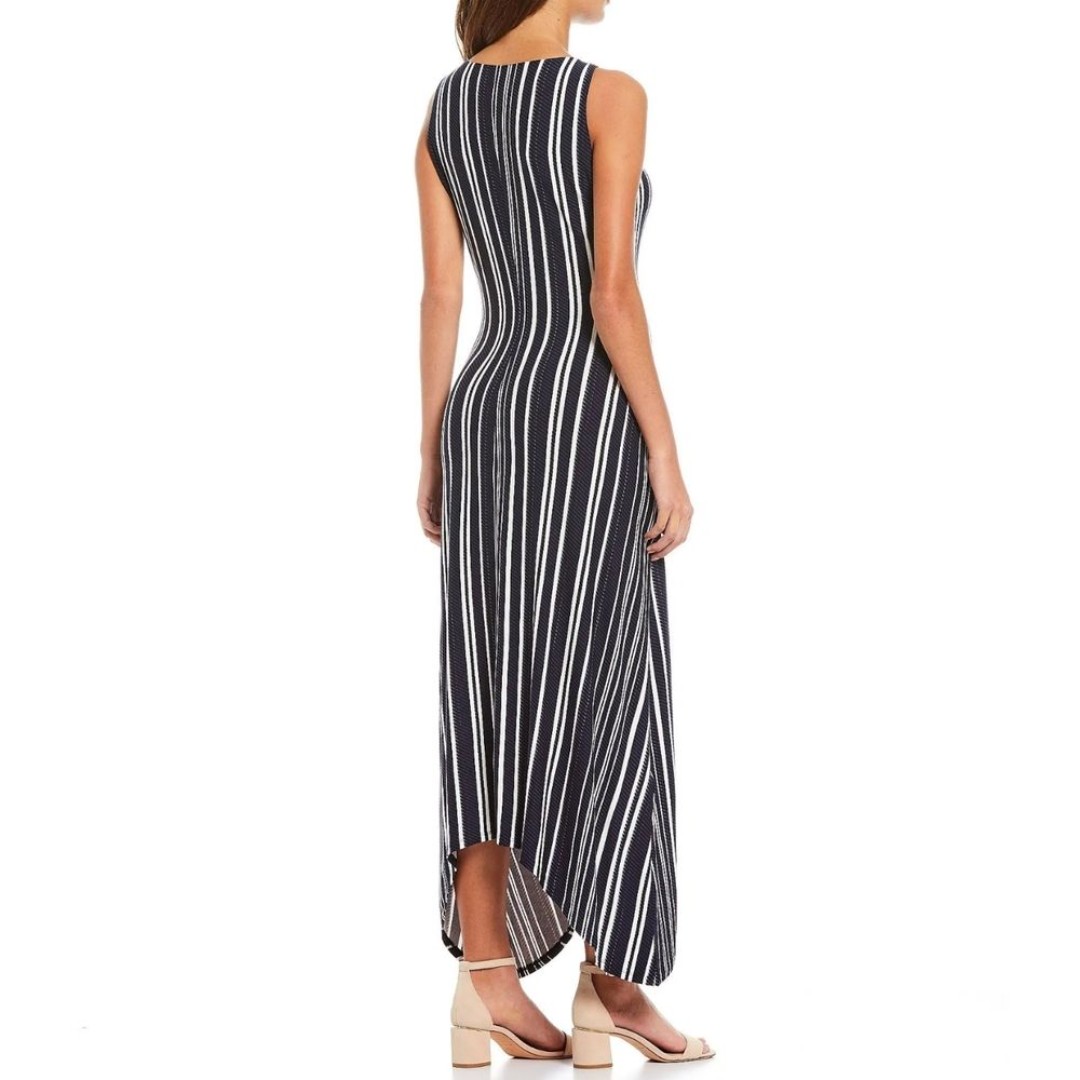 Tommy Bahama Anoche Stripe Blue White Sharkbite Hem Hi Low Midi Maxi Dress Small - detail