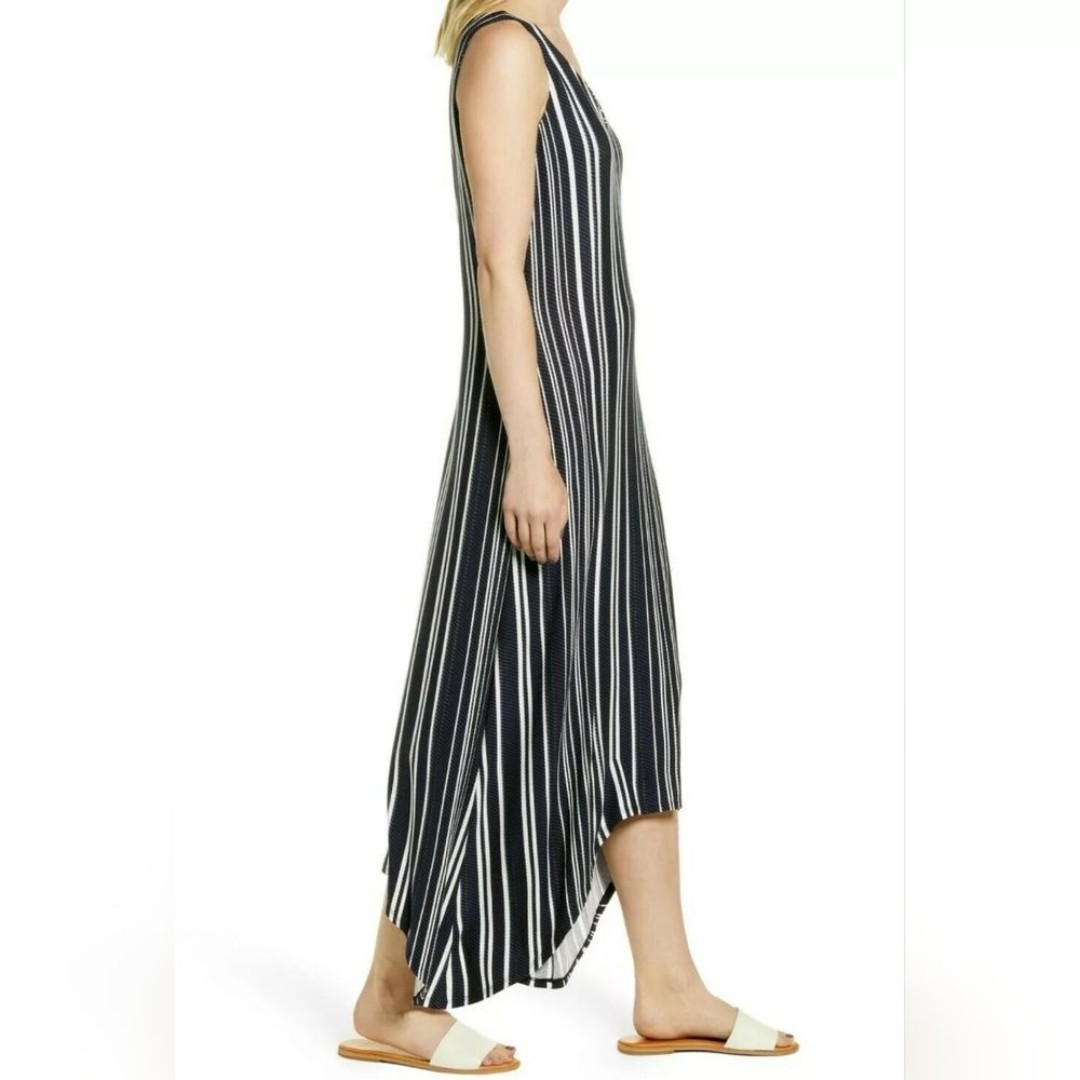 Tommy Bahama Anoche Stripe Blue White Sharkbite Hem Hi Low Midi Maxi Dress Small - detail