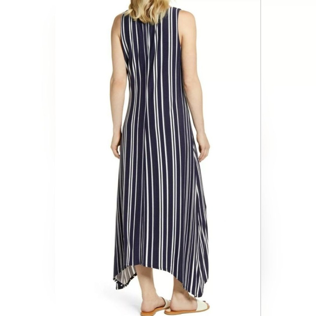 Tommy Bahama Anoche Stripe Blue White Sharkbite Hem Hi Low Midi Maxi Dress Small - detail