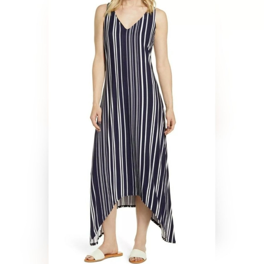 Tommy Bahama Anoche Stripe Blue White Sharkbite Hem Hi Low Midi Maxi Dress Small - detail