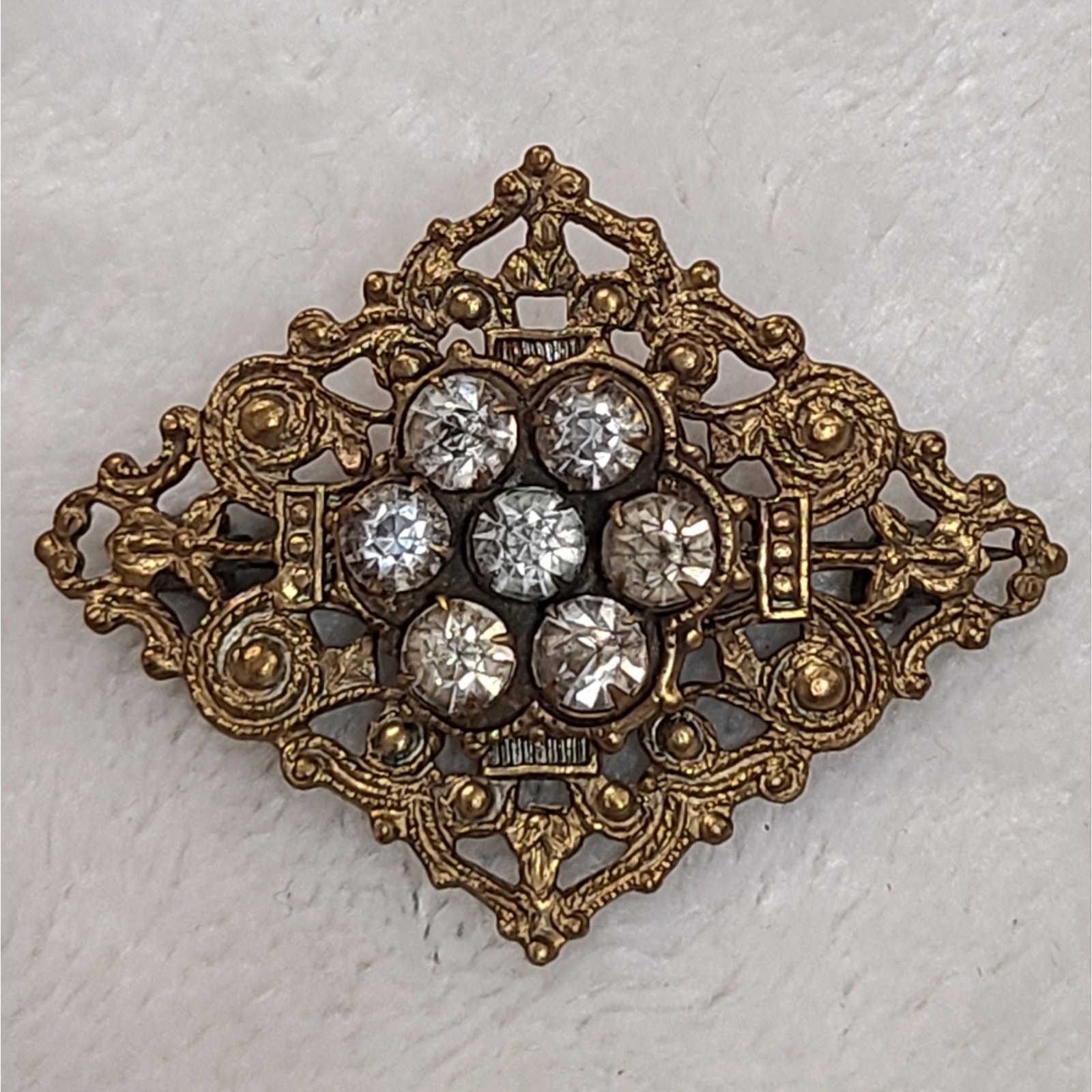 Antique Edwardian Era Gold Tone Jeweled Brooch