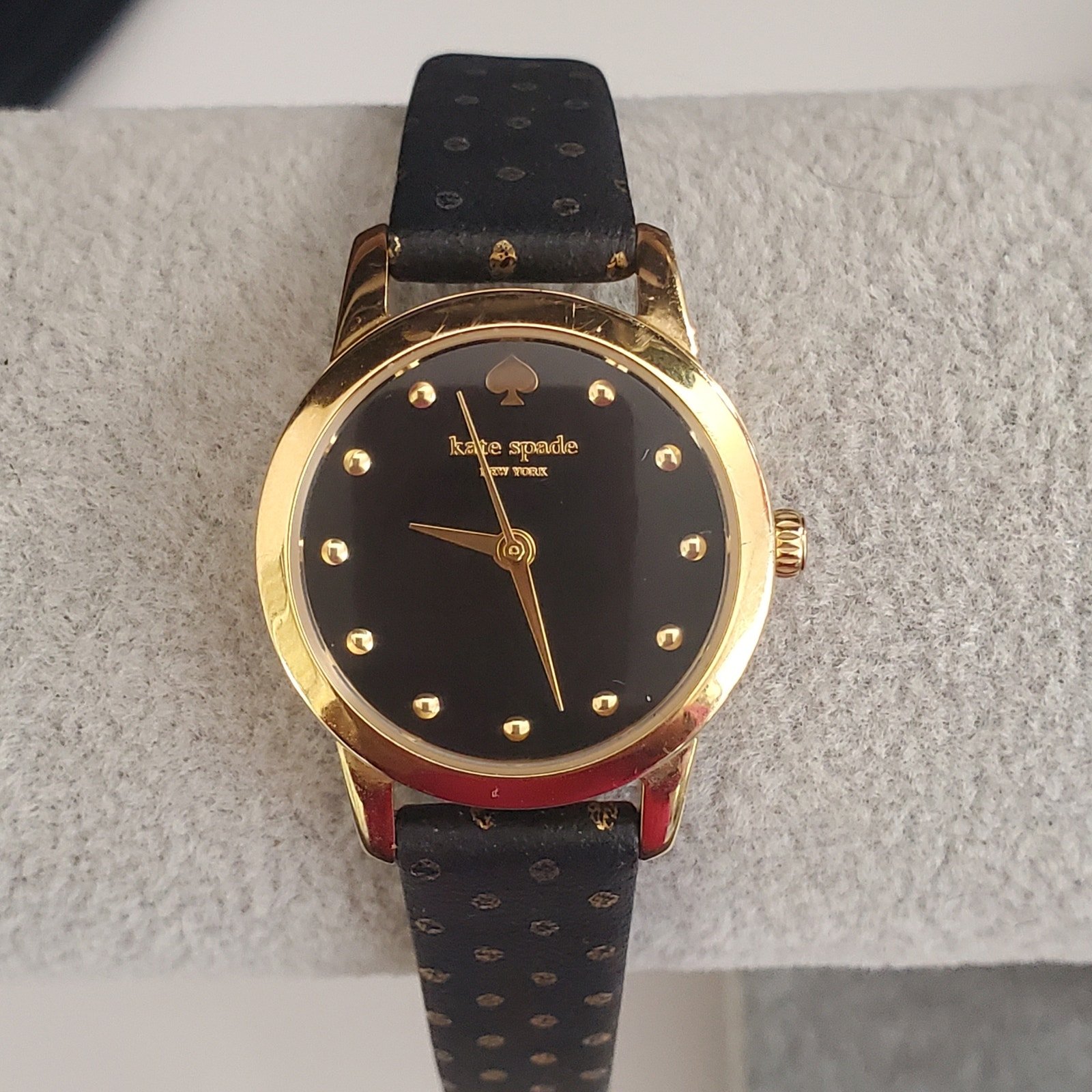 Kate Spade Mini Metro Watch Black with Gold Polka Dots Leather Band 25mm NWOT