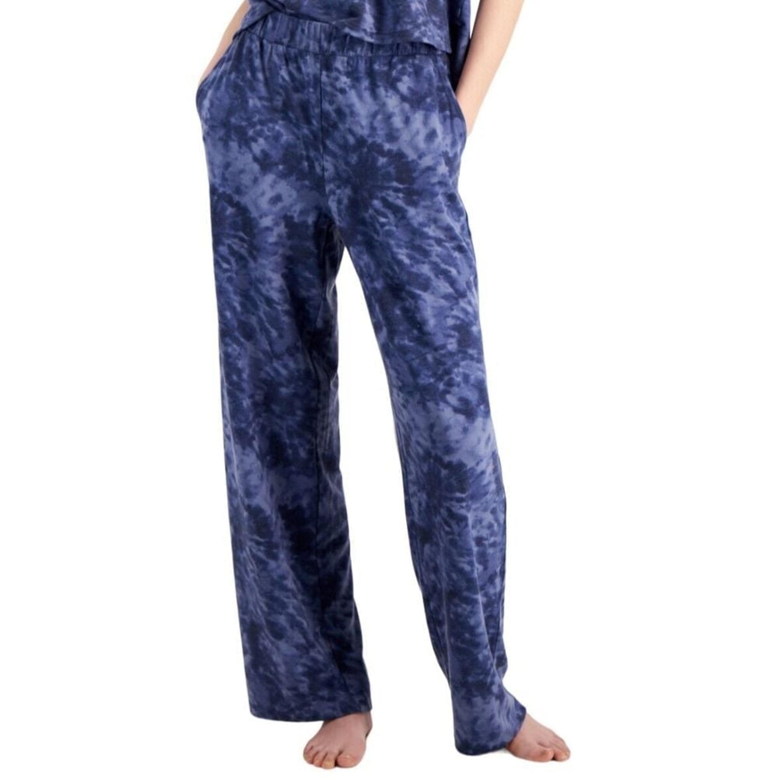 Jenni Lounge Pants Women XS Blue Tie Dye Print High-Rise Wide-Leg Pajama Pants