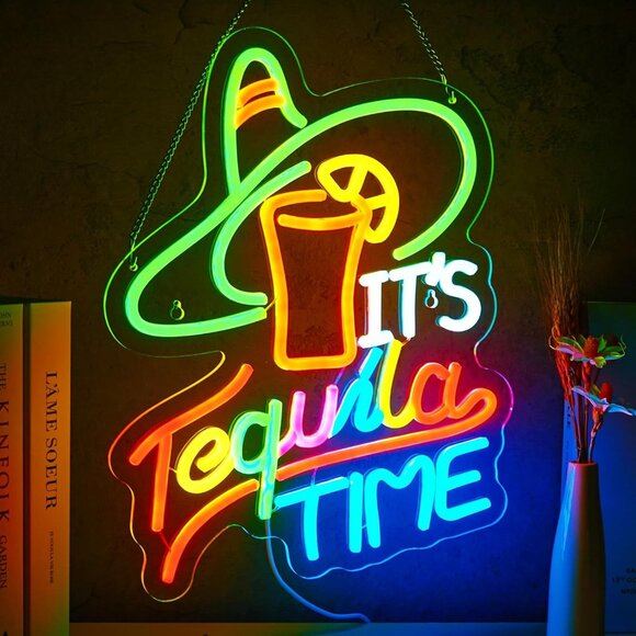 New Tequila Time Neon Sign, Mexican Straw Hat LED USB Light for Home Decor