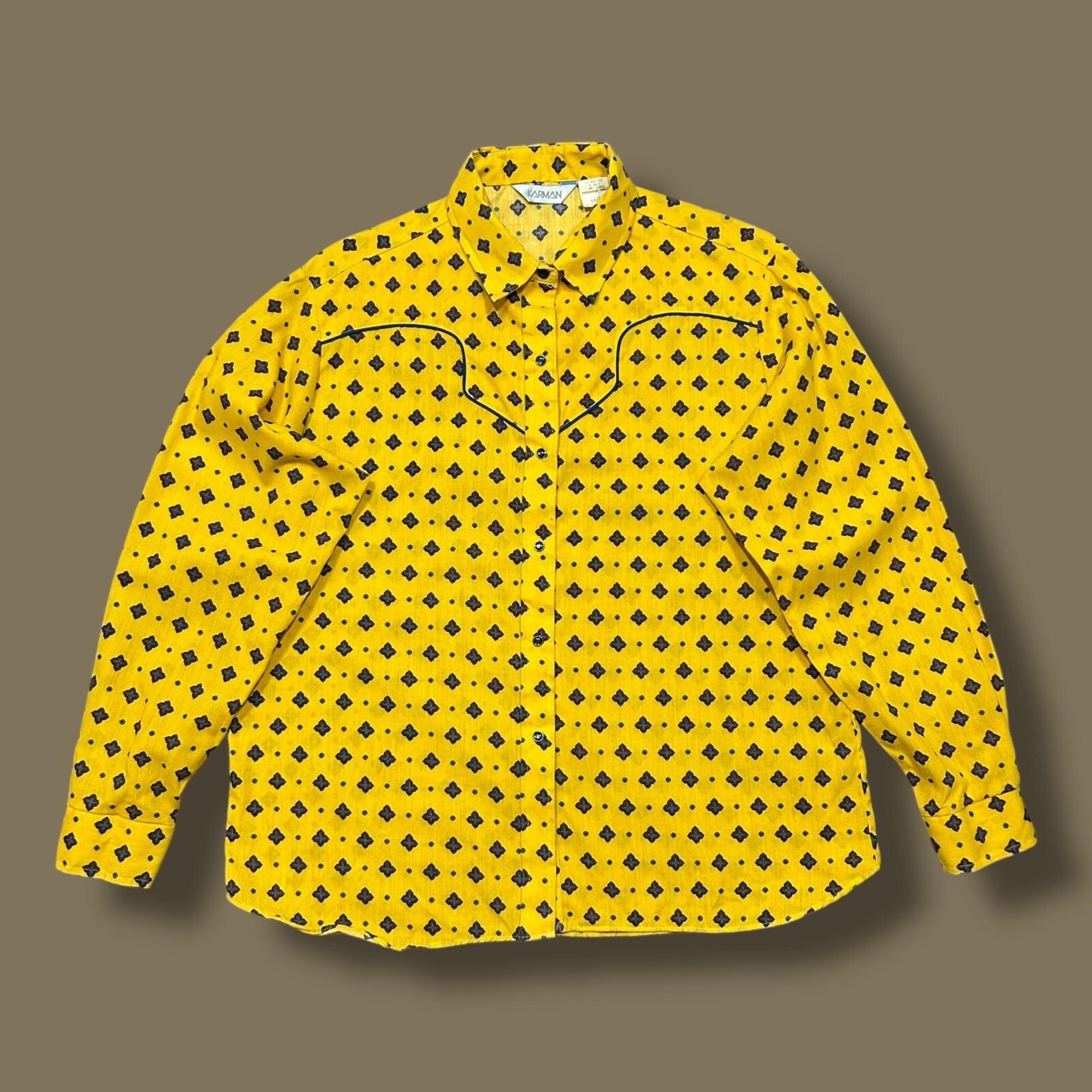 Vintage Western Shirt Pearl Snap Novelty Print Rodeo Cowboy Karman 17/18 Yellow