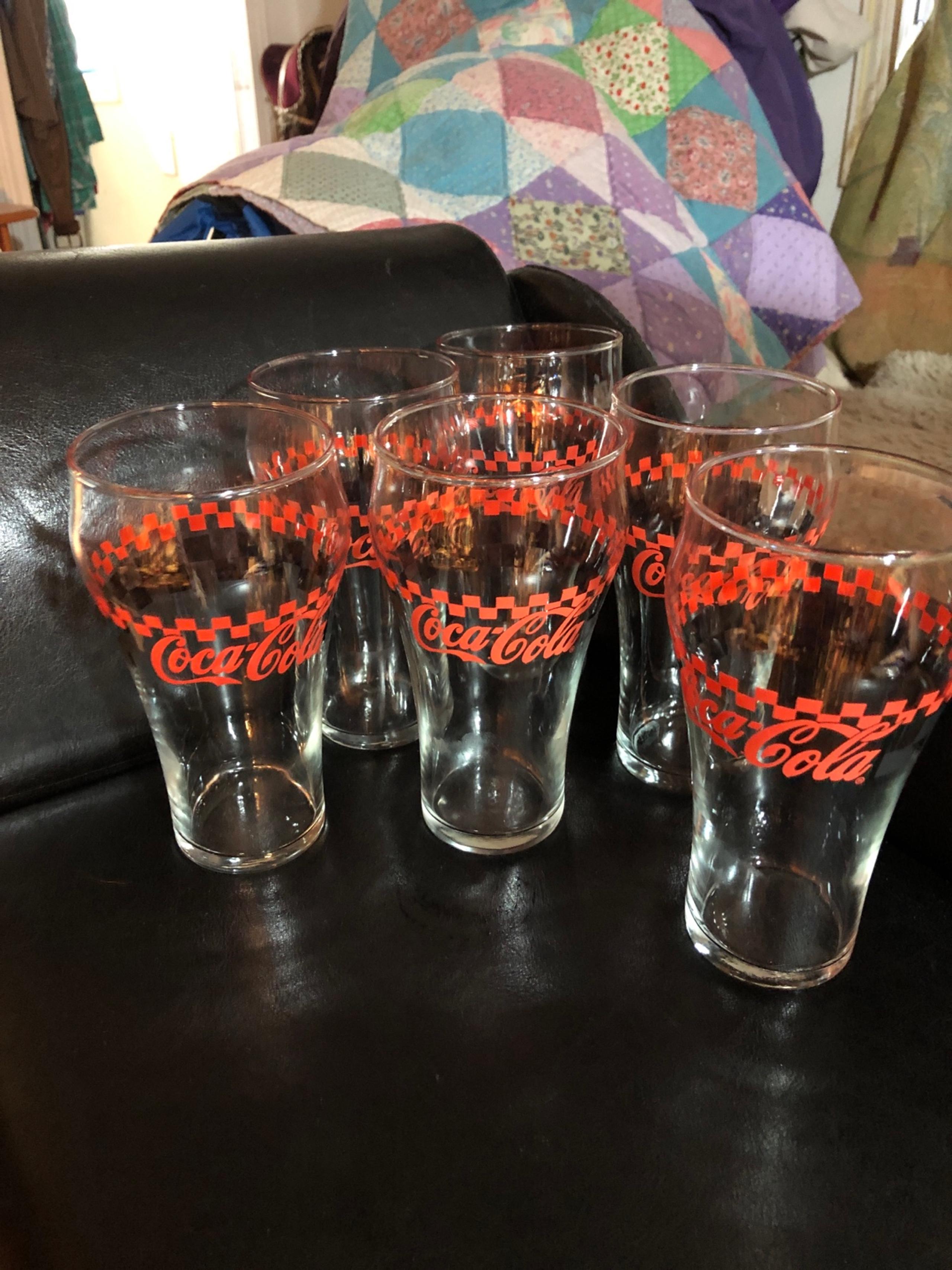 Set of six Coca-Cola drinking glasses red and black checker board print
