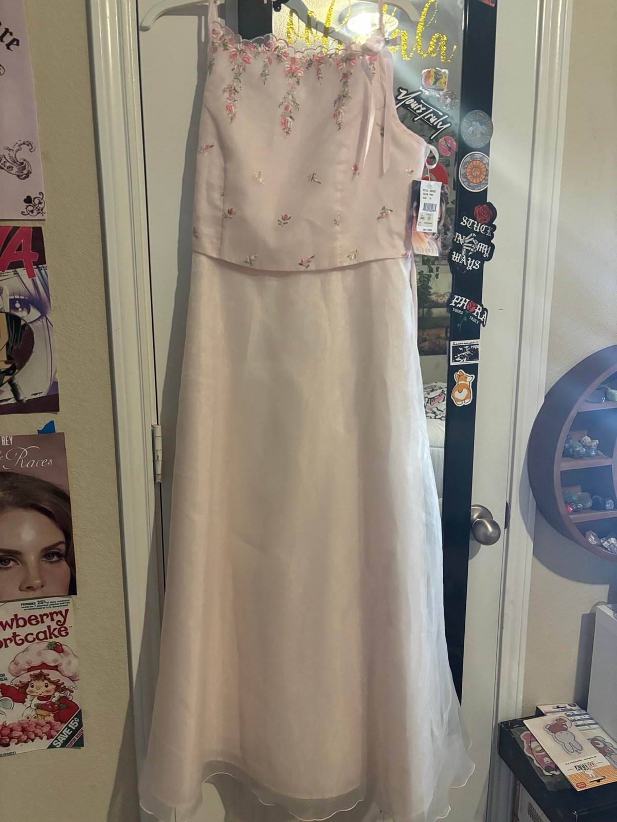 Vintage baby pink prom dress with floral embroidery and ribbon