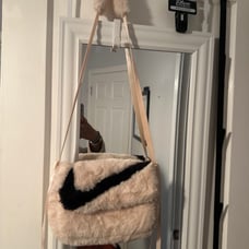 Nike Fur Fuzzy Cream Black Swoosh Multi-Compartment Crossbody Bag Purse - New