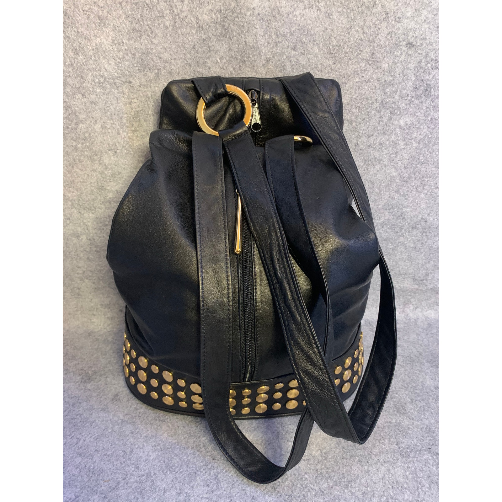 Vintage Black Leather Atalla Bucket Bag with Straps Gold Hardware Studs Stunning
