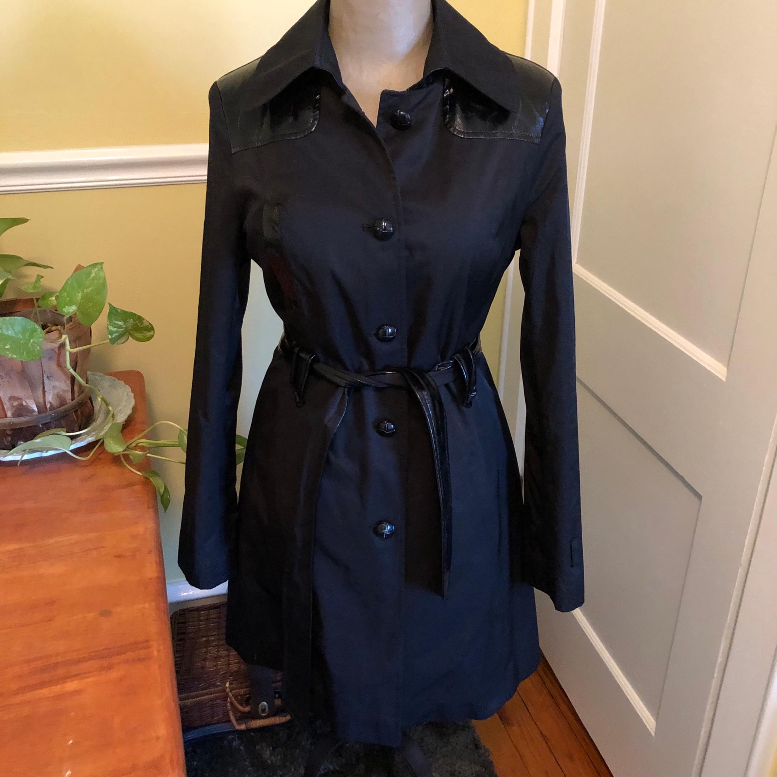 Via Spiga Patent Leather Trim Black Trench Coat Size S **FLAW**