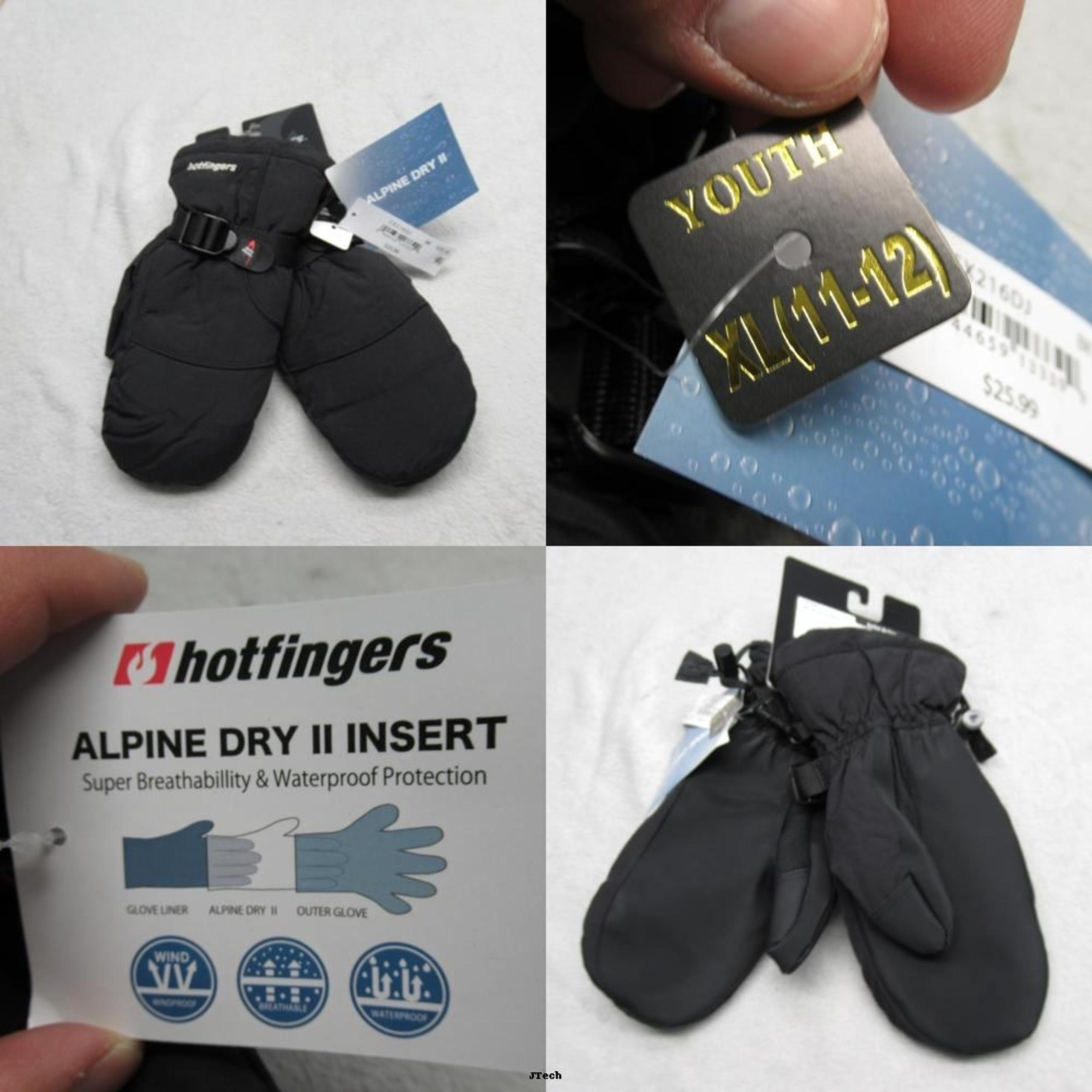 Hotfingers Alpine Dry II Mittens Youth XL(11-12) Black Waterproof Windproof NEW
