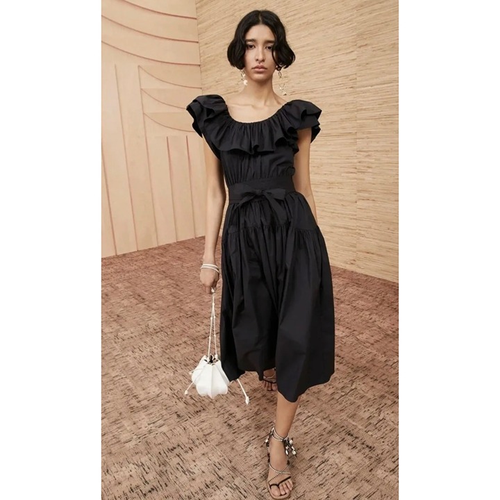 NWOT ULLA JOHNSON Amira Ruffle Poplin black Dress size US 6