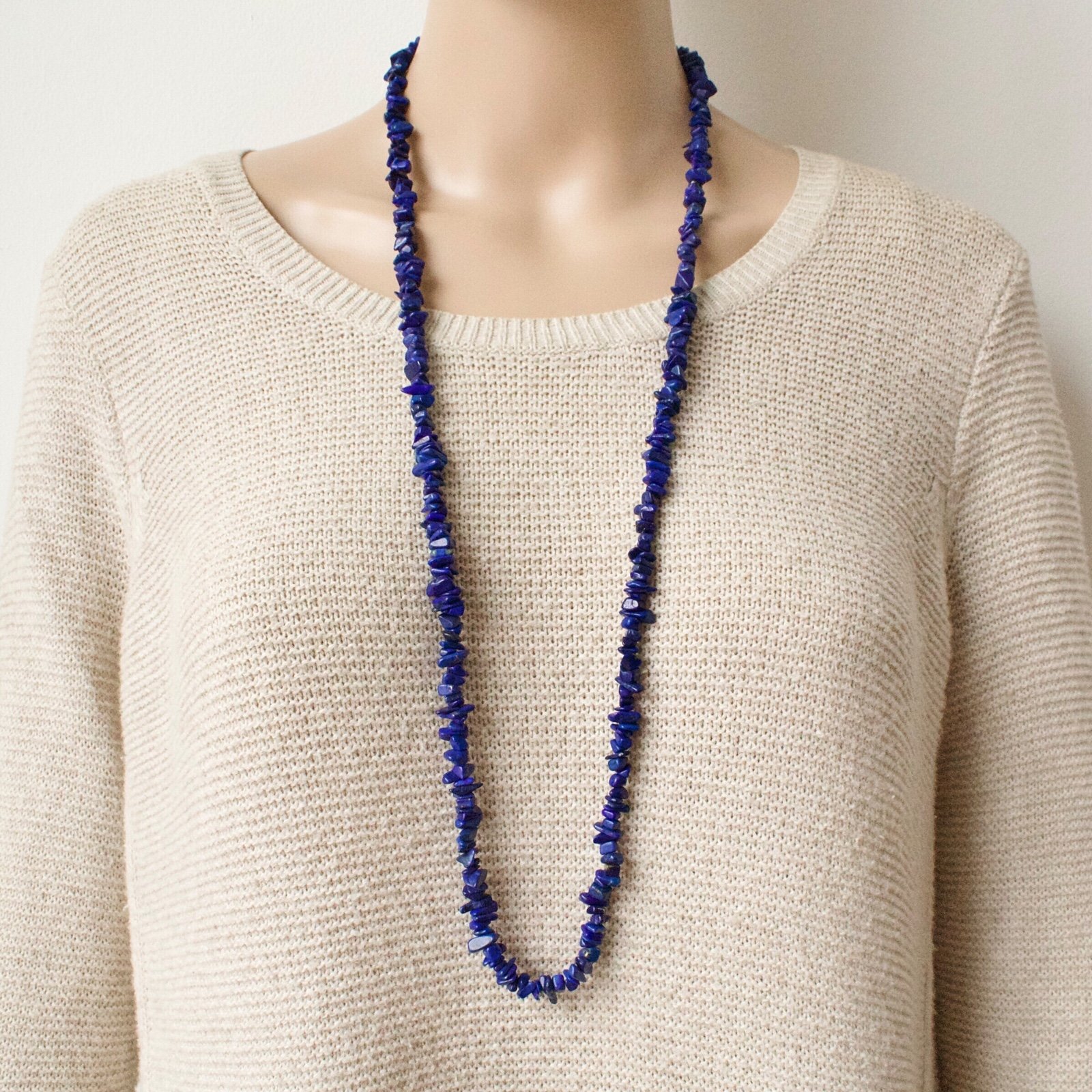 Vintage Lapis Lazuli Nugget Bead Necklace 36” Long Strand