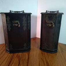 Two vintage wooden wine boxes one a double other for single bottle