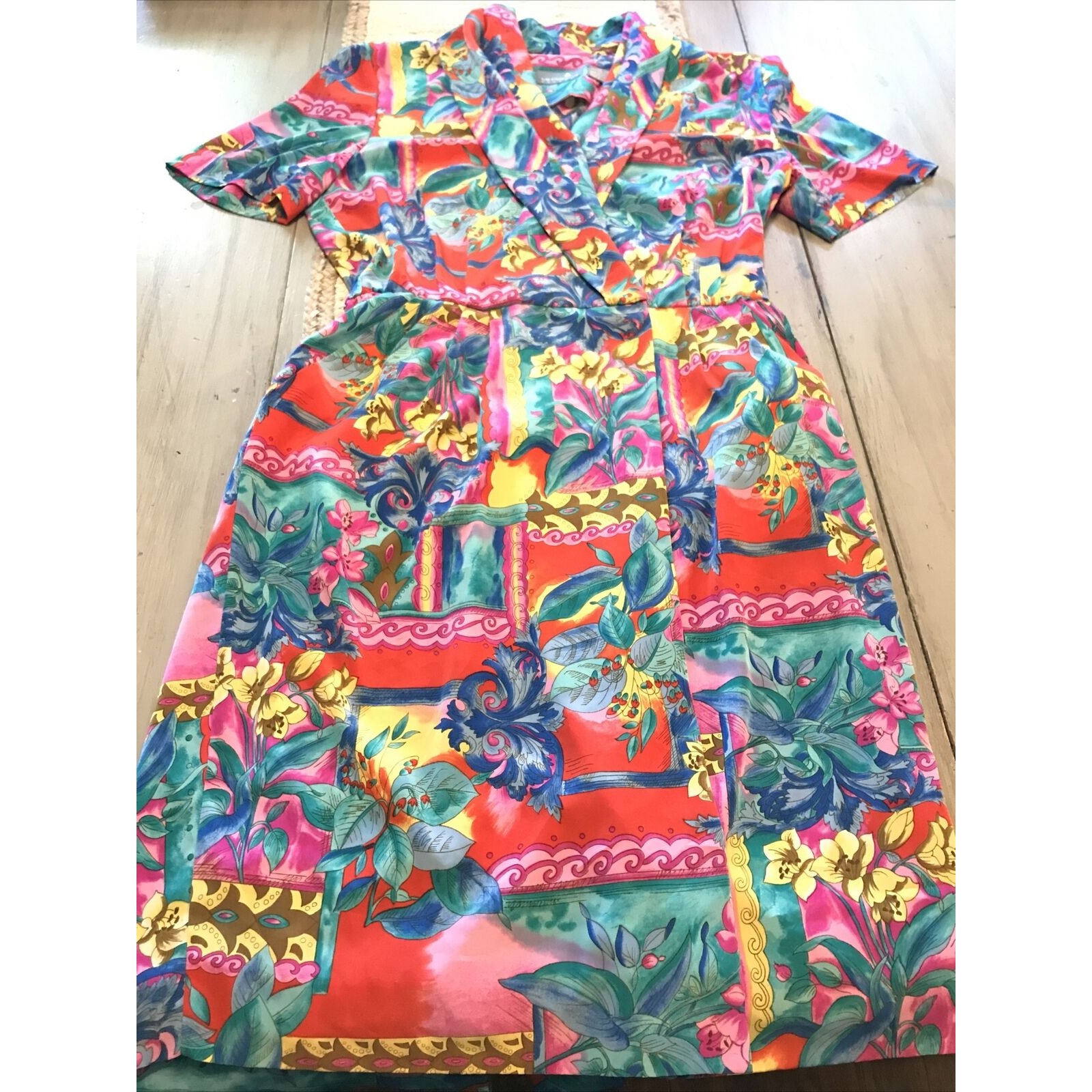 Vtg Liz Claiborne Red Pink Green Blue Leaves Floral Faux Wrap Pencil Dress Sz 14