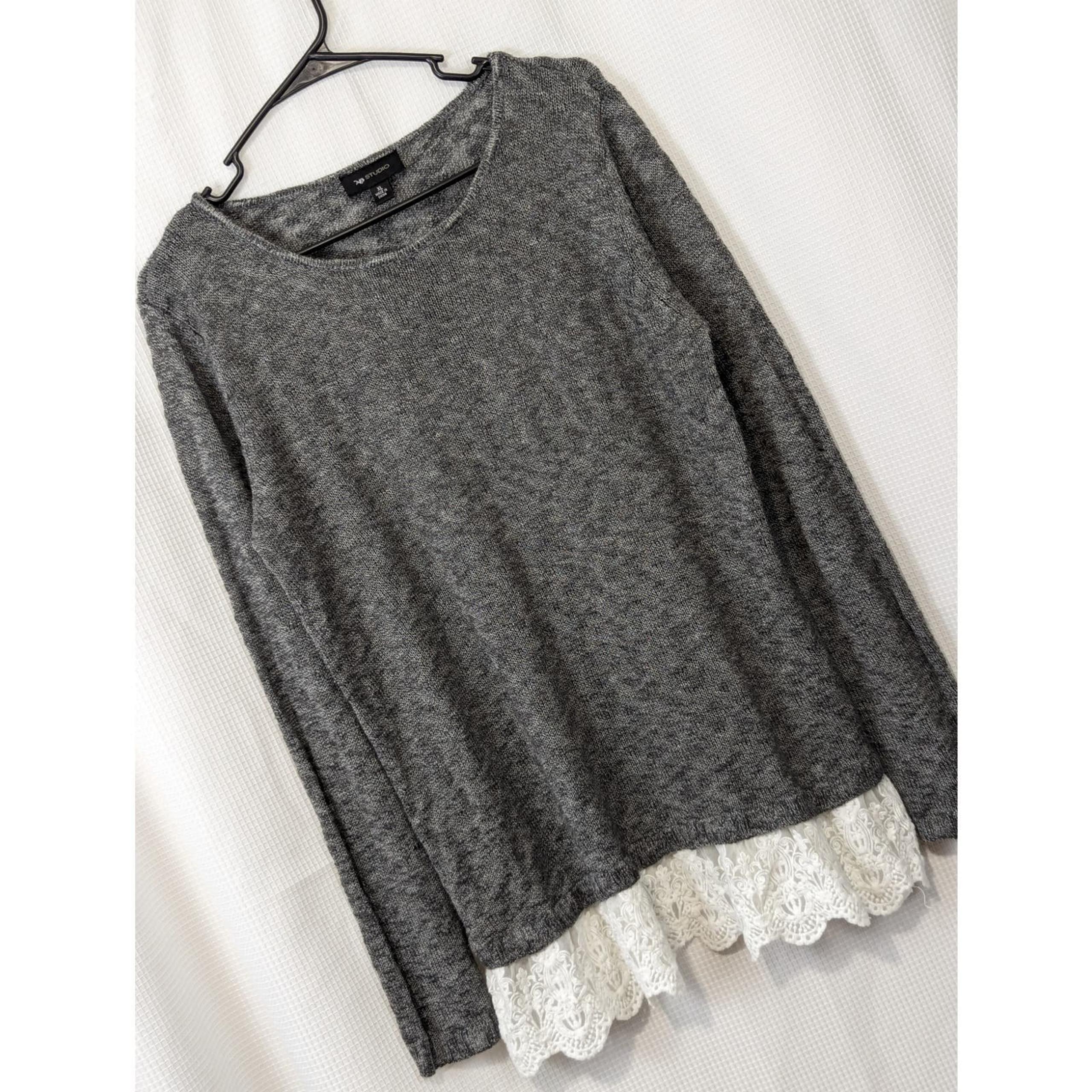 AB STUDIO! CHARCOAL MARLED LACE SKIRTED SCOOP NECK SWEATER! SZ XL