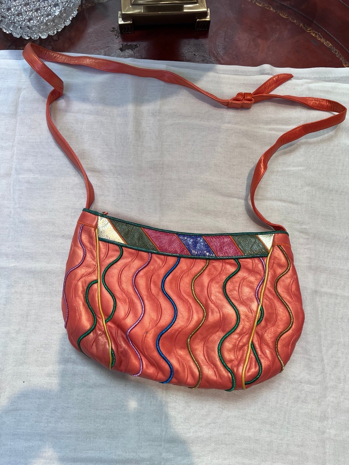 Sharif leather light crossbody Orange With Multicolored Embroidered Strands