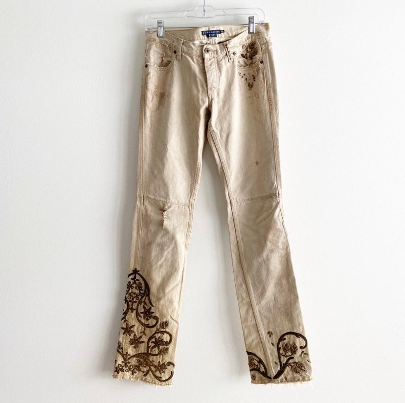 Ralph Lauren Blue Label dungarees tan brown embroidered leaf jeans denim
