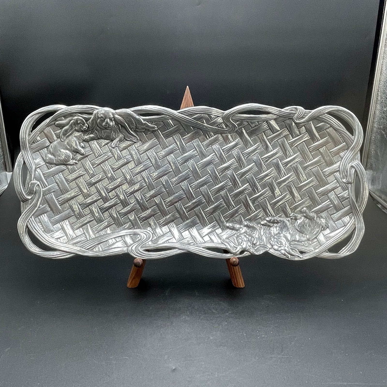 Arthur Court Basket Weave Lop Eared Bunny Rabbits Pressed Aluminum Tray Easter