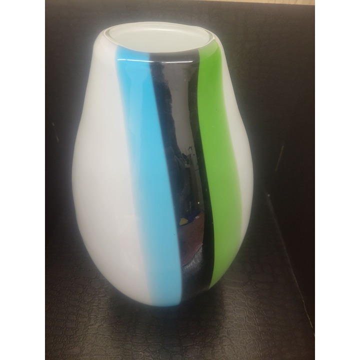 Vintage Pier 1 Hand-Blown Glass White with Blue, Green Stripe 10 Vase