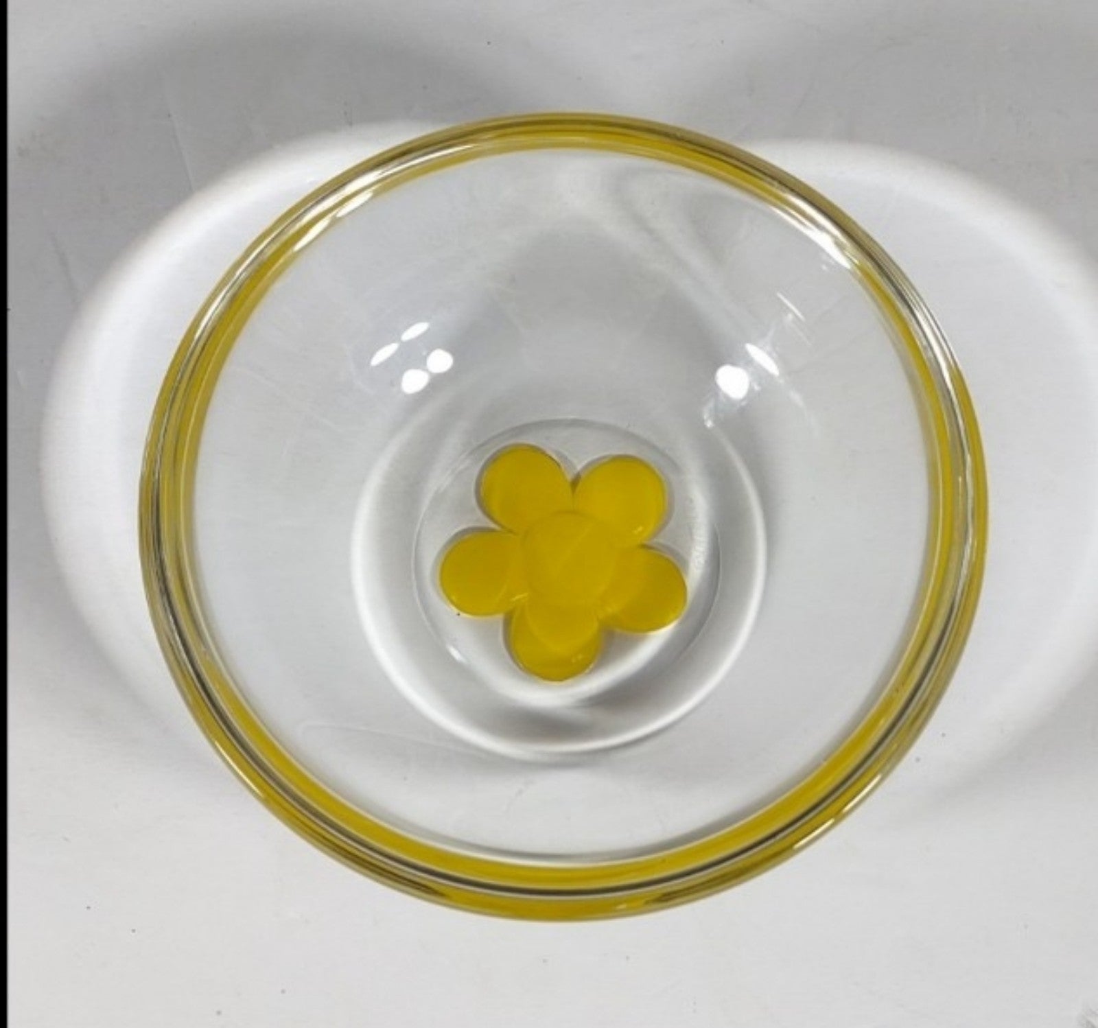 Orrefors Crystal Bowl Yellow Flower Sweetie Hand Painted Sweden