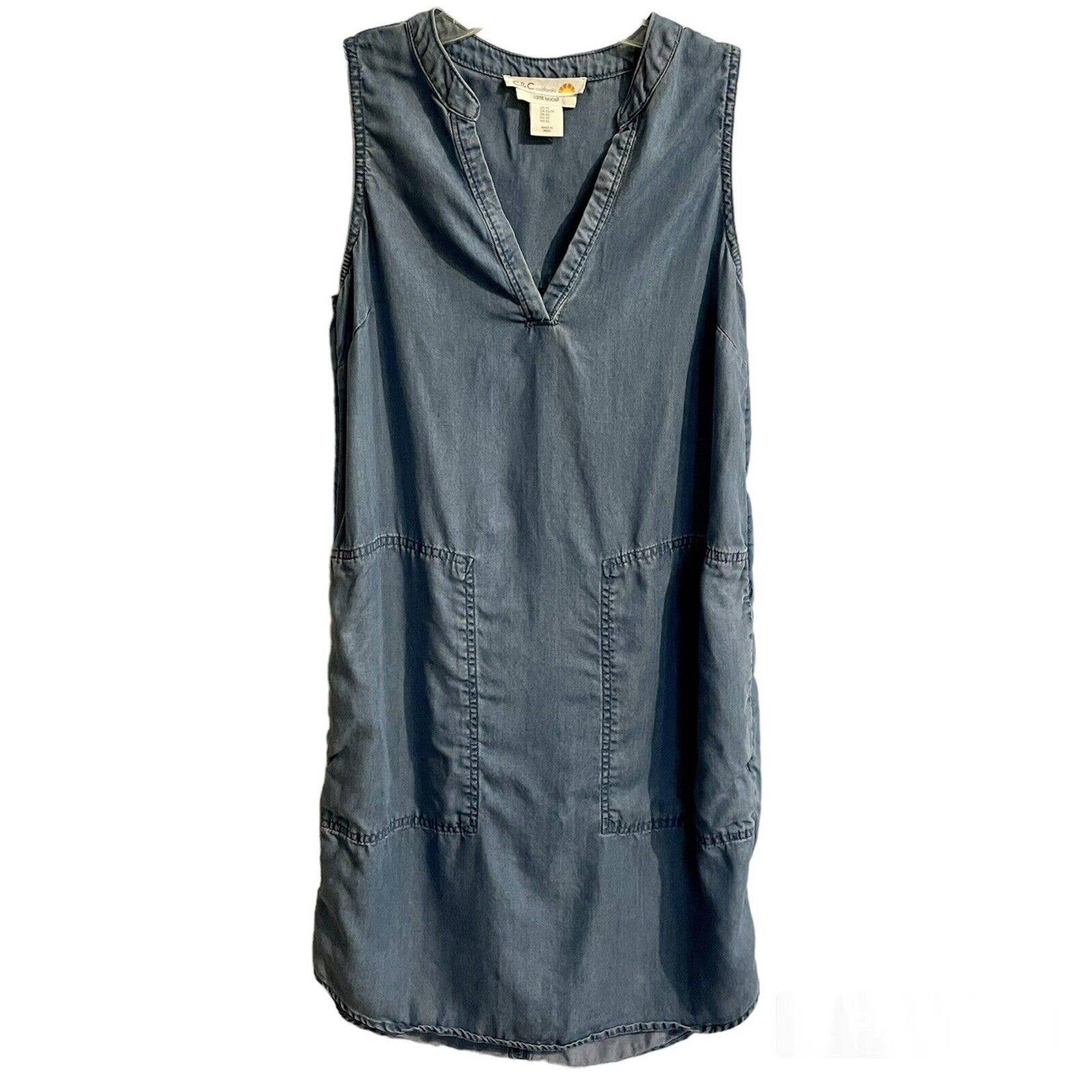 C&C California Lyocell Chambray Blue Women's Shift Dress XS Pockets Sleeveless