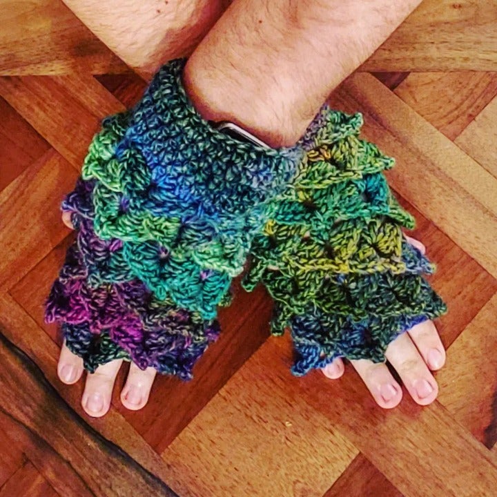 Emerald Dragon Scale Fingerless Gloves, Hand Crochet, 100% Acrylic