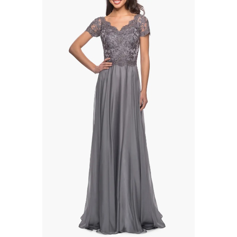 La Femme Embroidered Lace & Chiffon A-Line Gown Women's 10 Gray Maxi FLAWED