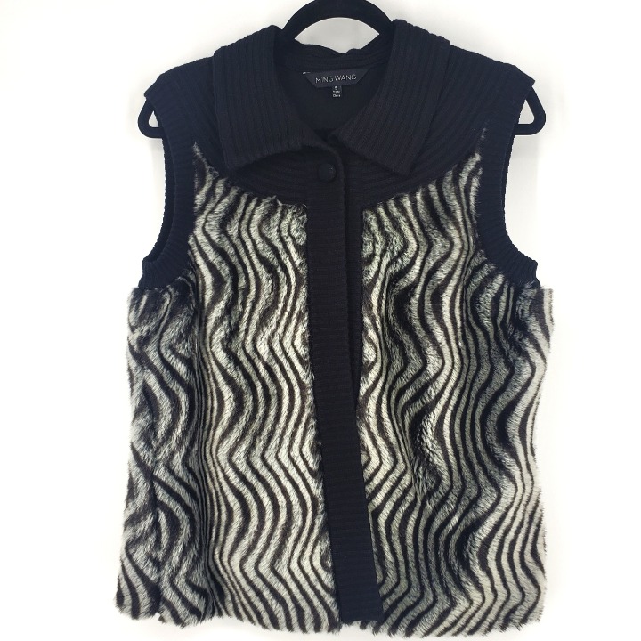 Ming Wang Faux Fur and Knit Collared Vest Animal Print Tan Black Small