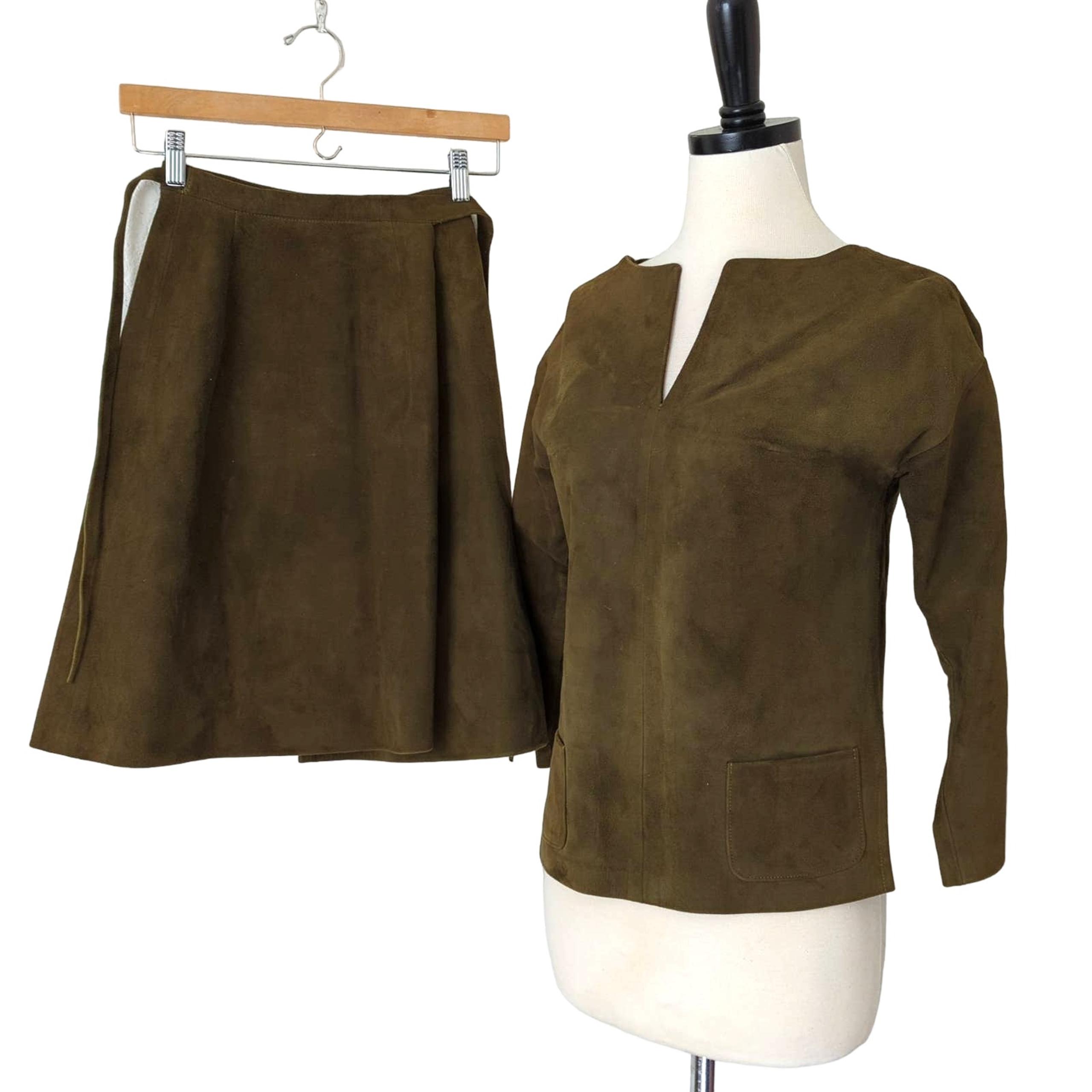 Vintage 70s Fred Braun Suede Leather Olive Green 2 Piece Skirt Top Mid Mod Small