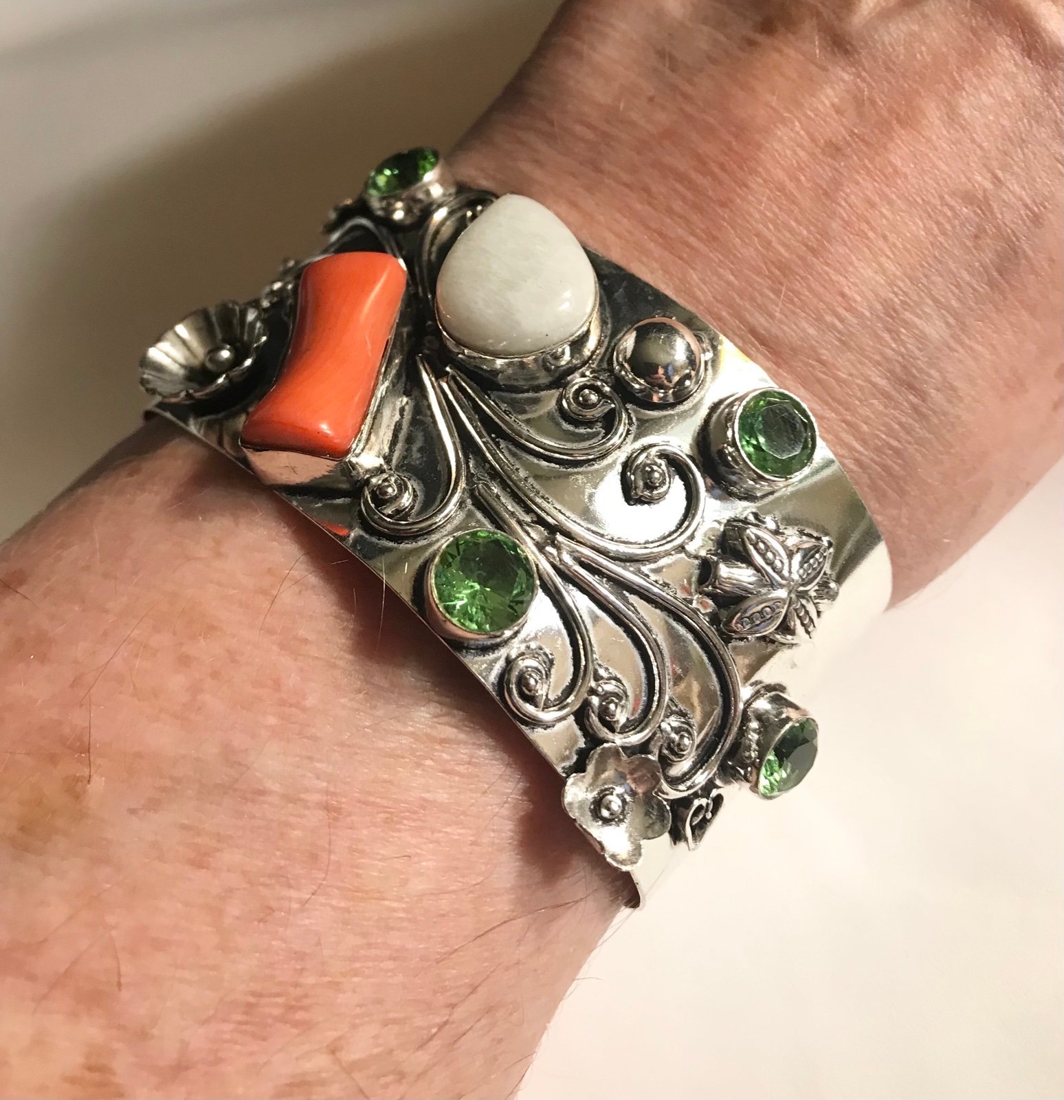 Moonstone Red Coral Peridot 925 Sterling Silver Cuff Bracelet