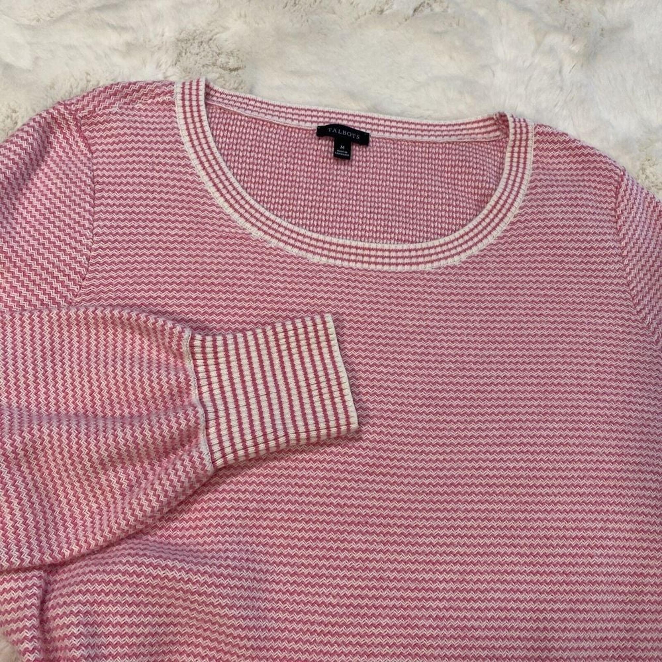 Talbots Women's Medium Pink White Chevron Soft Scoop Neck Cotton Blend Sweater