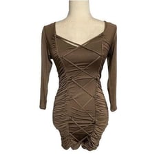Bebe Solid Taupe Brown Tan Sexy Long Sleeve Lace Up Bodycon Mini Dress Xxs 00
