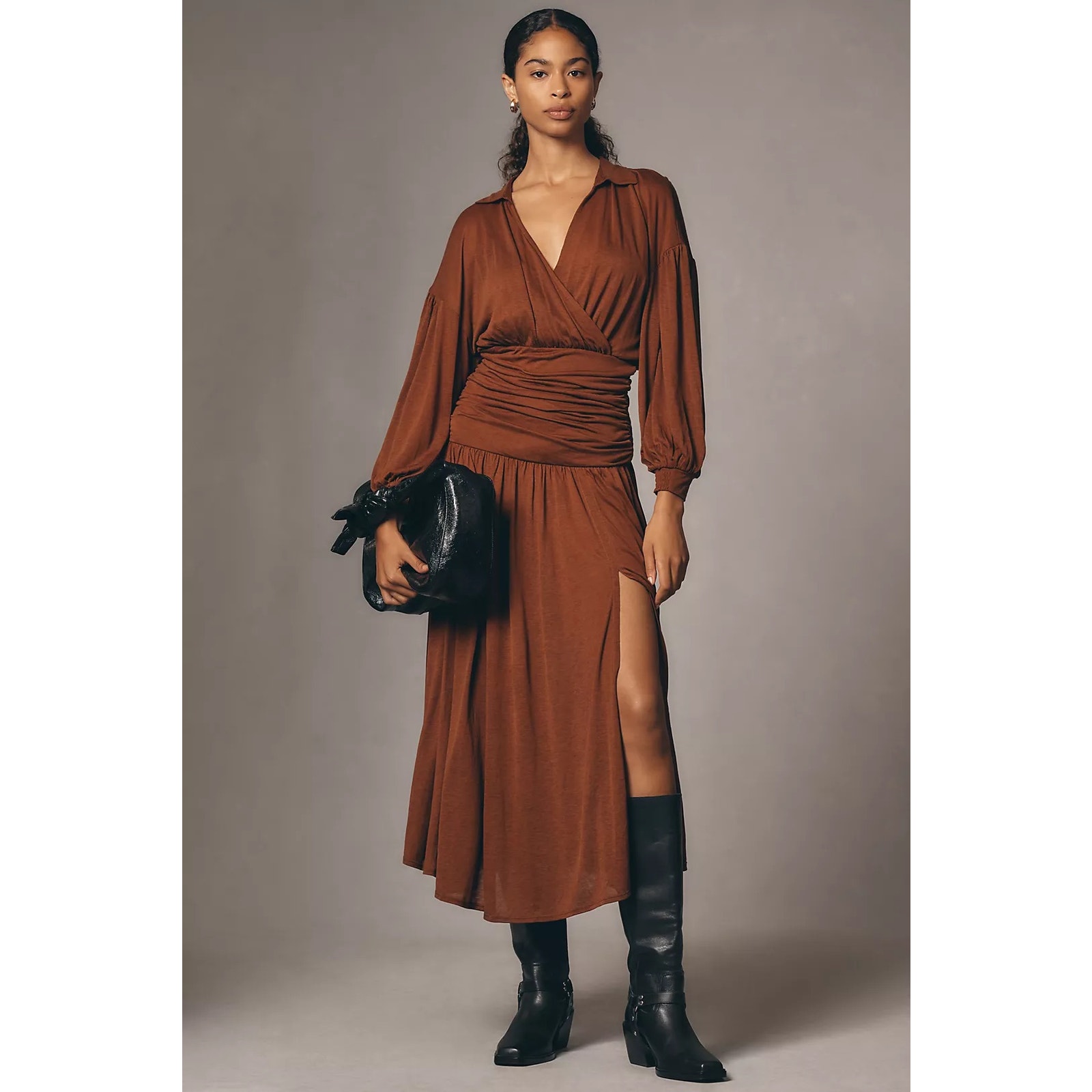 Anthropologie NWT Maeve Wool Blend V-Neck Ruched Midi Dress Size Medium