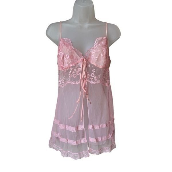 Victoria's Secret Sheer Pink Lace Cherry Blossom Open Top Mini Slip Dress Size M