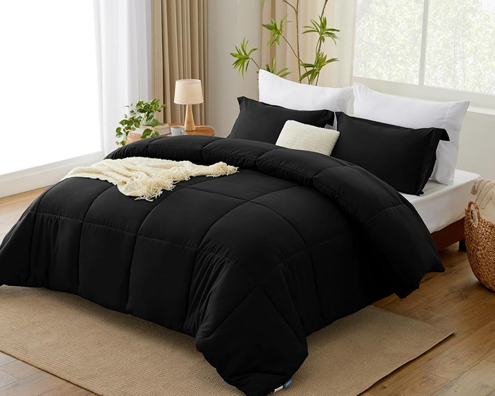 3 Pieces Black Comforter King Size Box Stitched Bed Set for All Seasons NEW