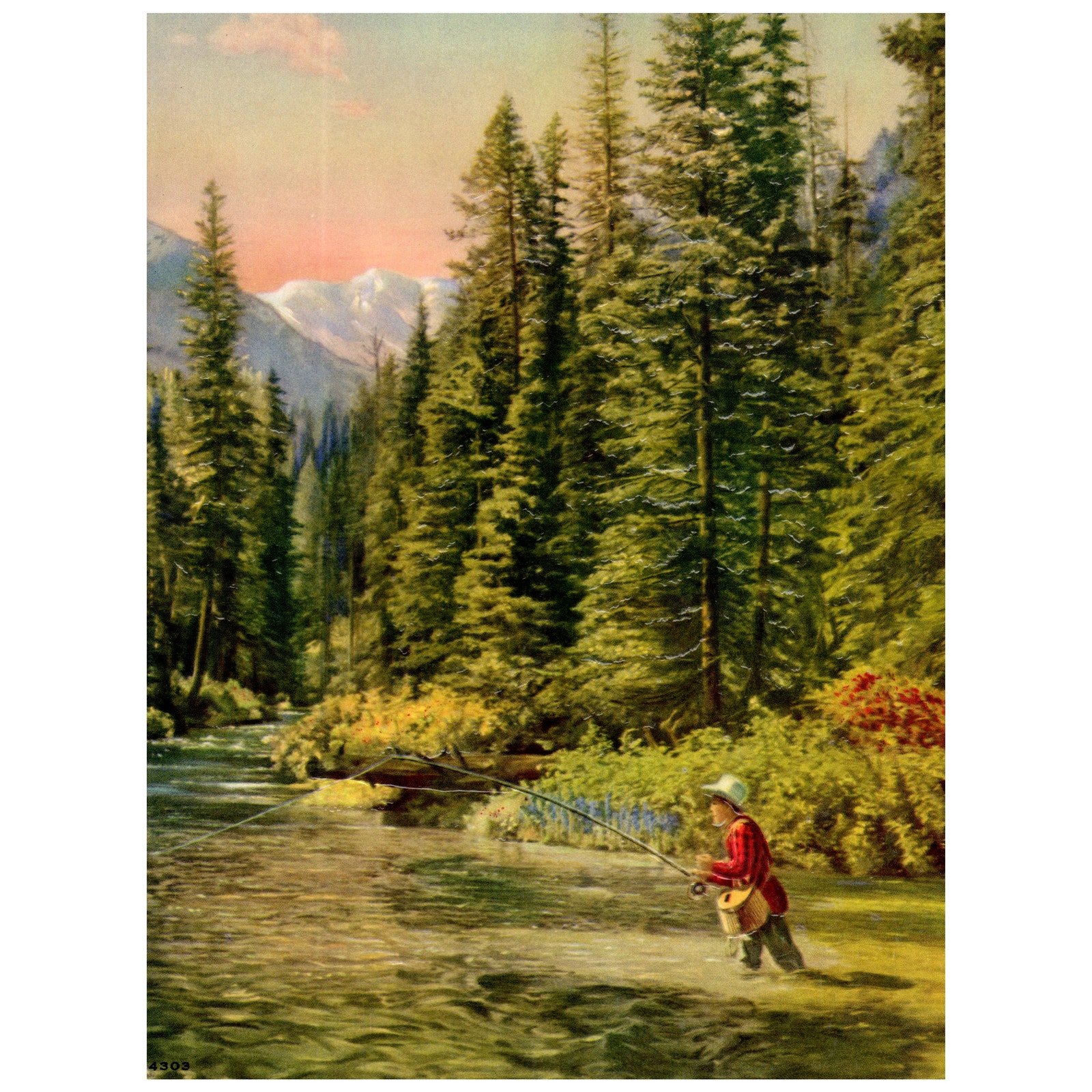Vintage Print EMBOSSED Man Fly Fishing River Mountain Forest ~7.5x10 AC9