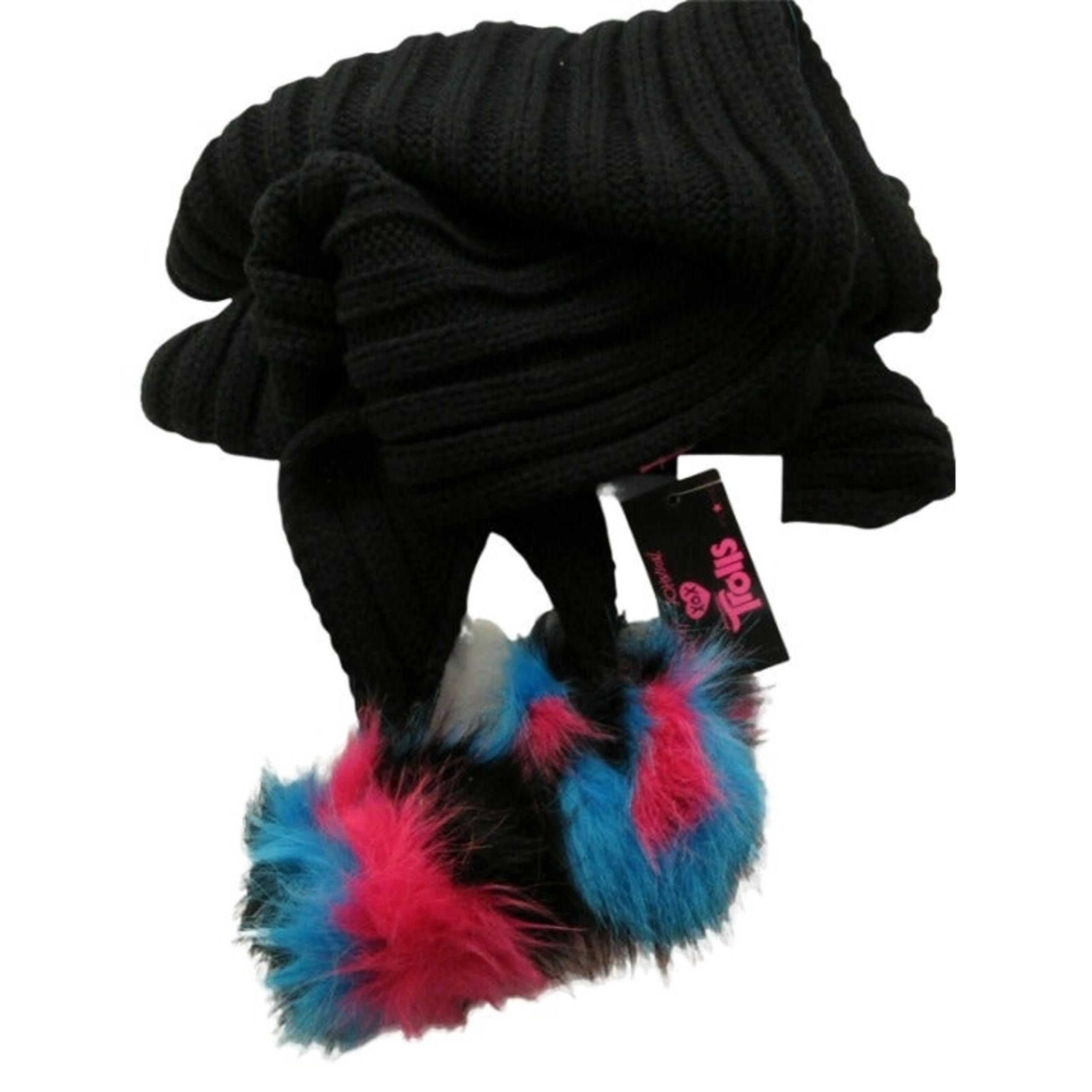 Betsey Johnson Black Ribbed Wrap Scarf 2 Multicolor Pom-Poms 78" NEW