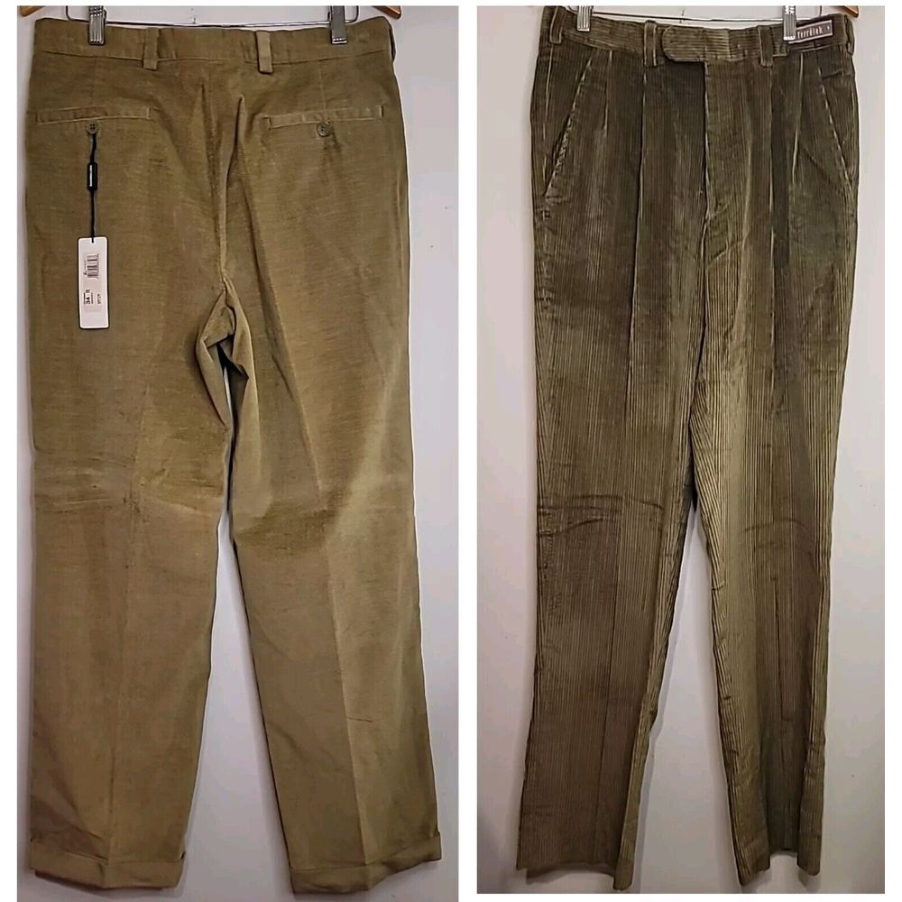 Keith Moor Men's Corduroy Pants 34 Brown Olive Green Pleats Cuff Unhemed Lot 2