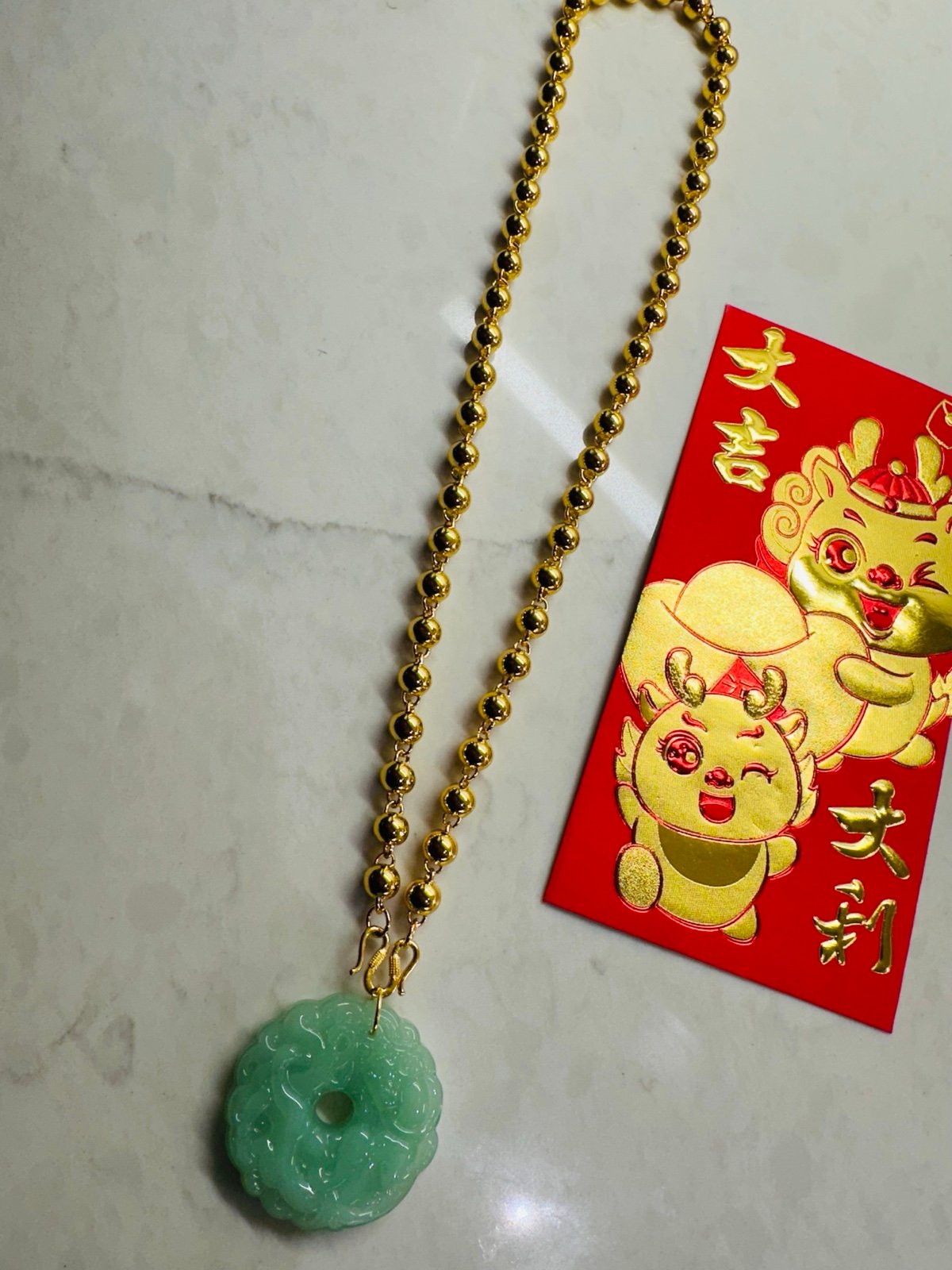 Jade Color Stone Pendant With 24k Plated Bead Necklace