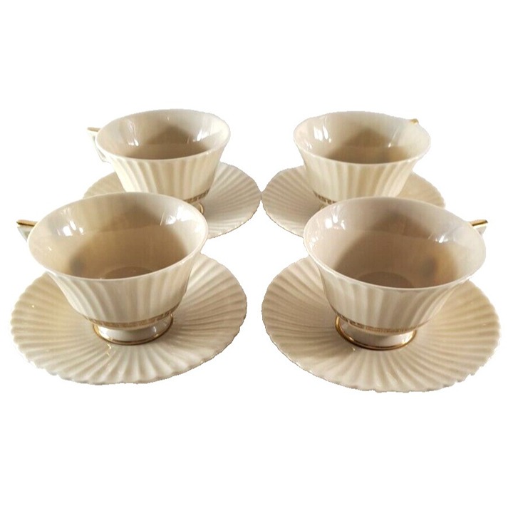 Vintage Lenox Cretan Tea Cups W Saucers Ivory Gold Trim Greek Key Set of 8