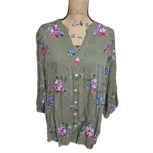Anthropologie x Kindred Green and Purple Floral Embroidered Button Down Shirt