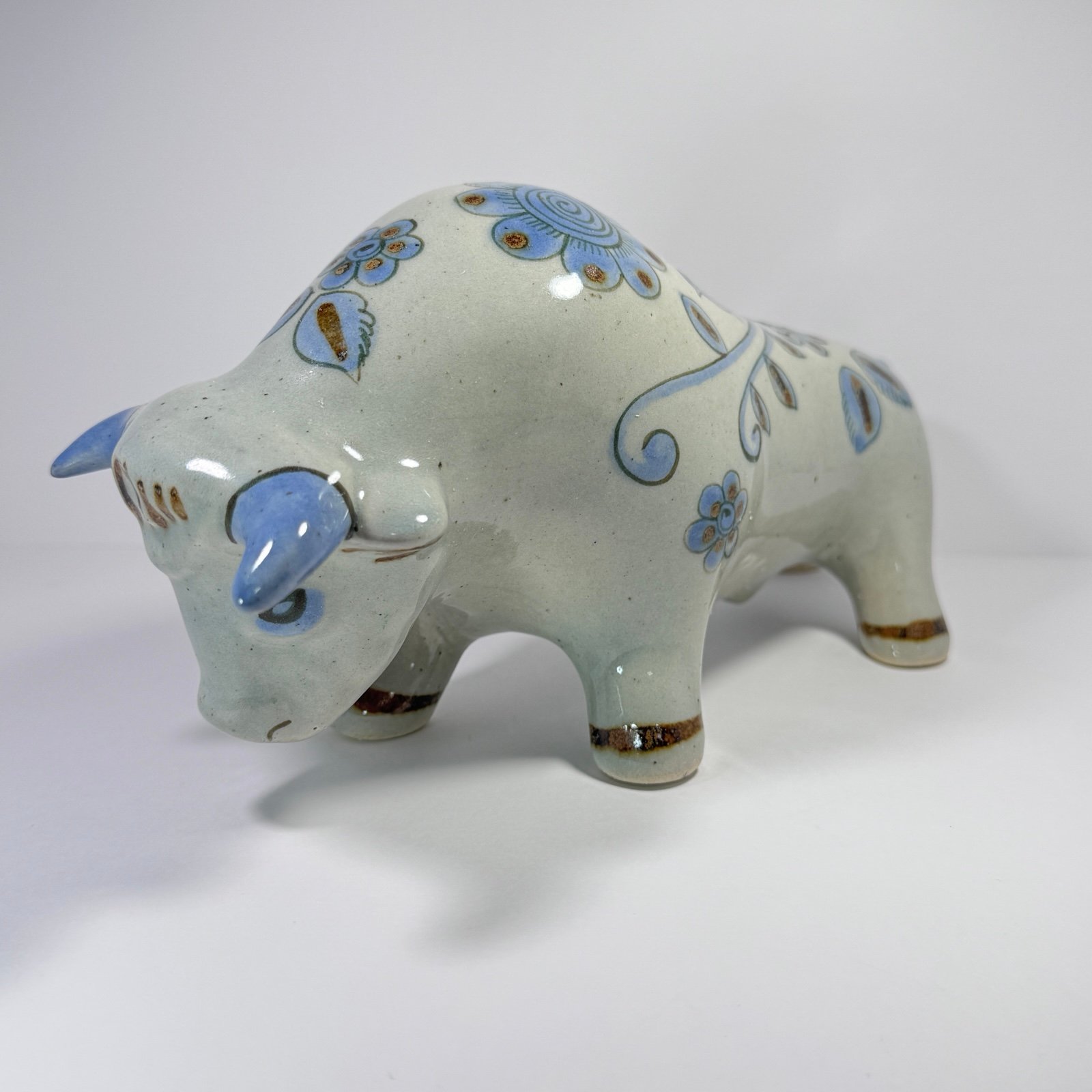 Ken Edwards El Palomar Bull Figurine Tonala Mexican Pottery Floral Bird 11