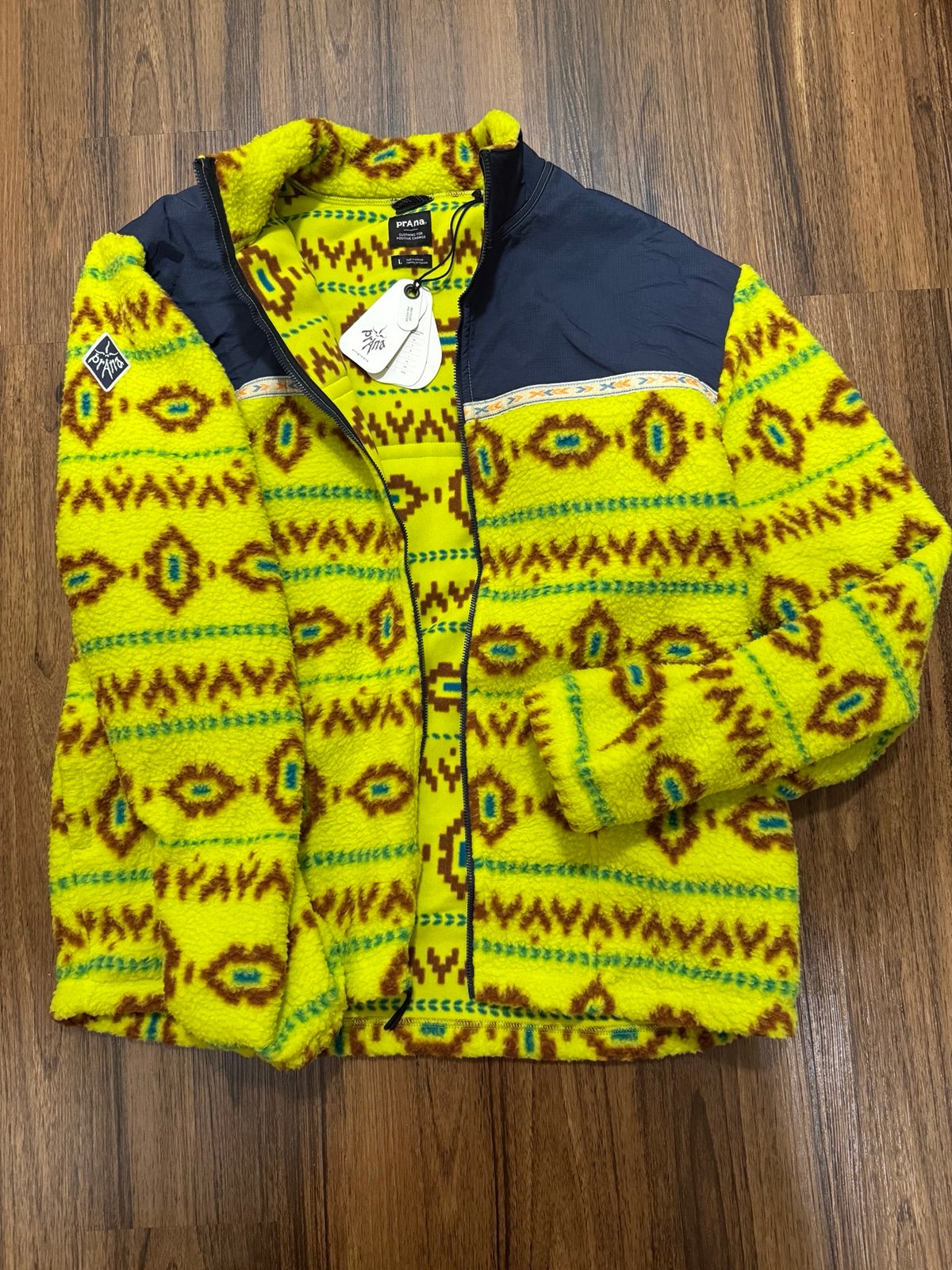 PrAna Men's Hurricane FZ Fleece Jacket Bright Yellow Geometric Size Large