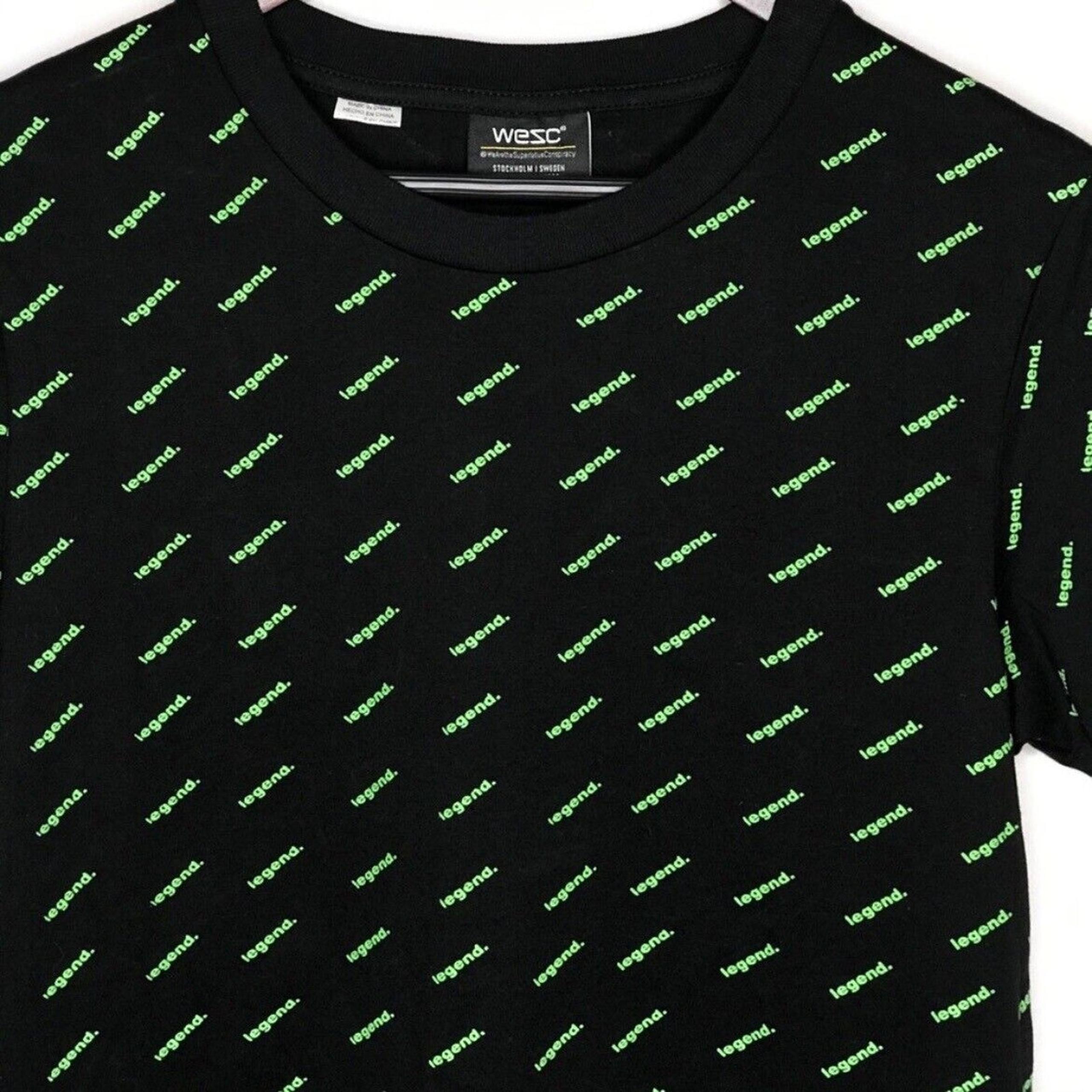 WeSC Legend Mason T Shirt S Small Graphic Tee Black Green Allover Print Sweden