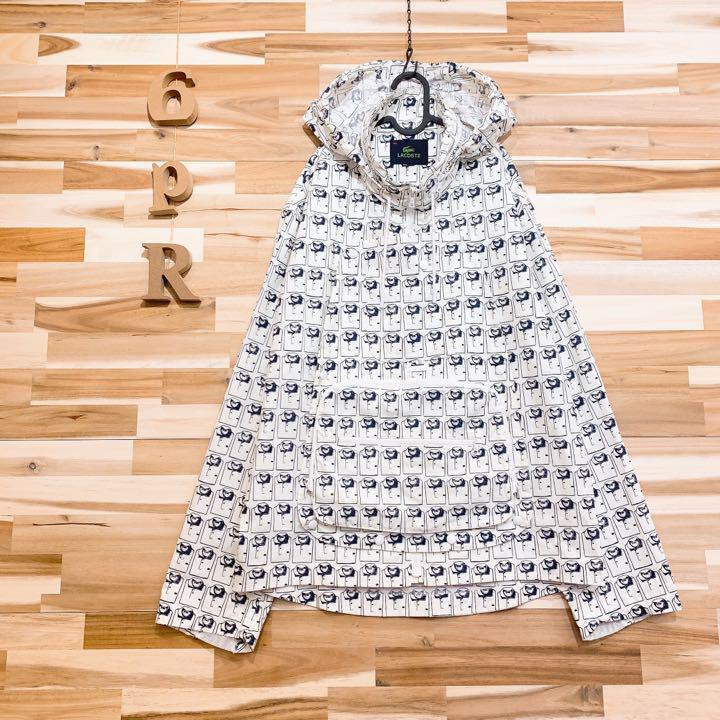Rare [Lacoste] Shirt Pattern Zip-Up Hooded Parka with Detachable Pocket and All-Over White Pattern