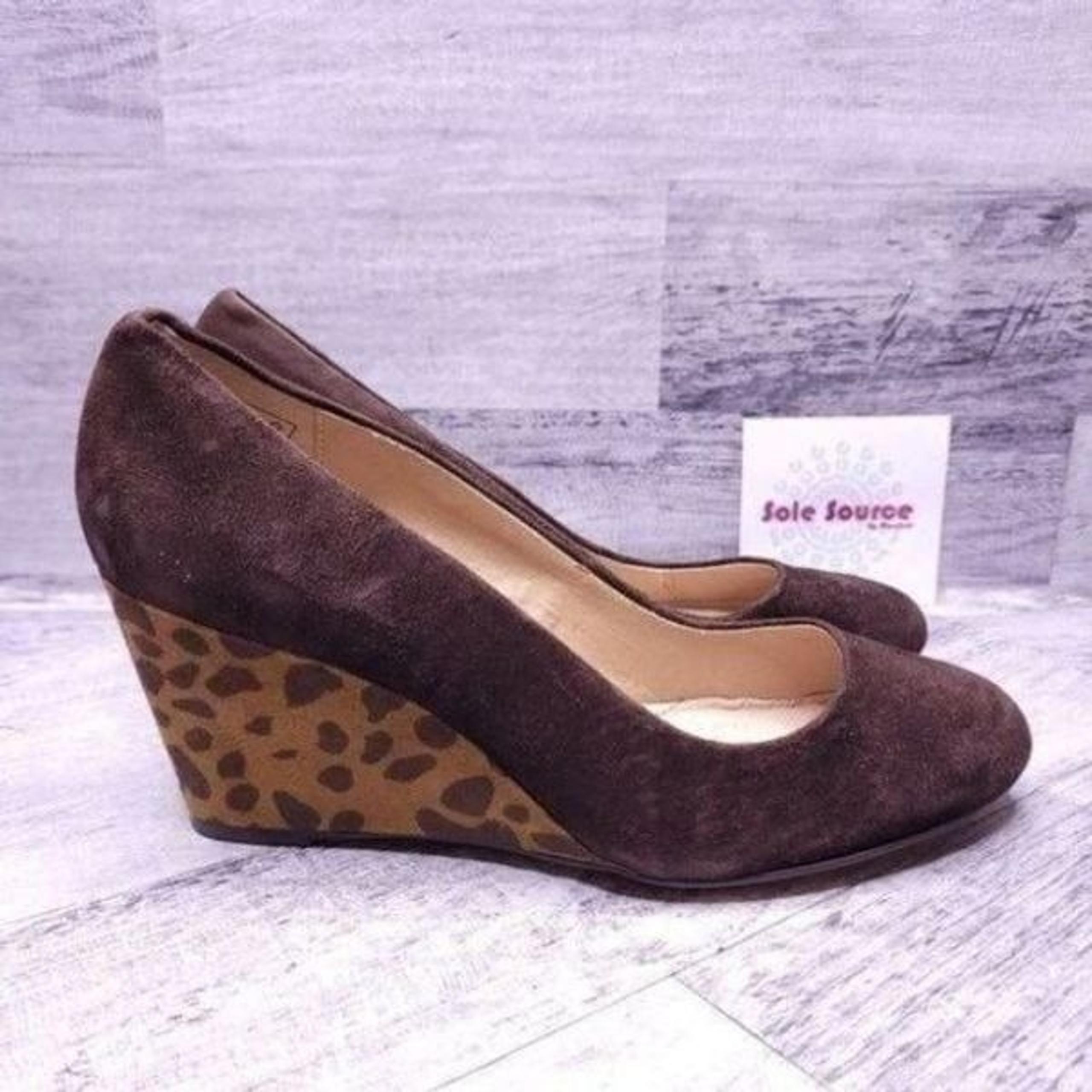 Lands' End Suede Leopard Wedge Dress Pump Brown Tan Women's sz 8