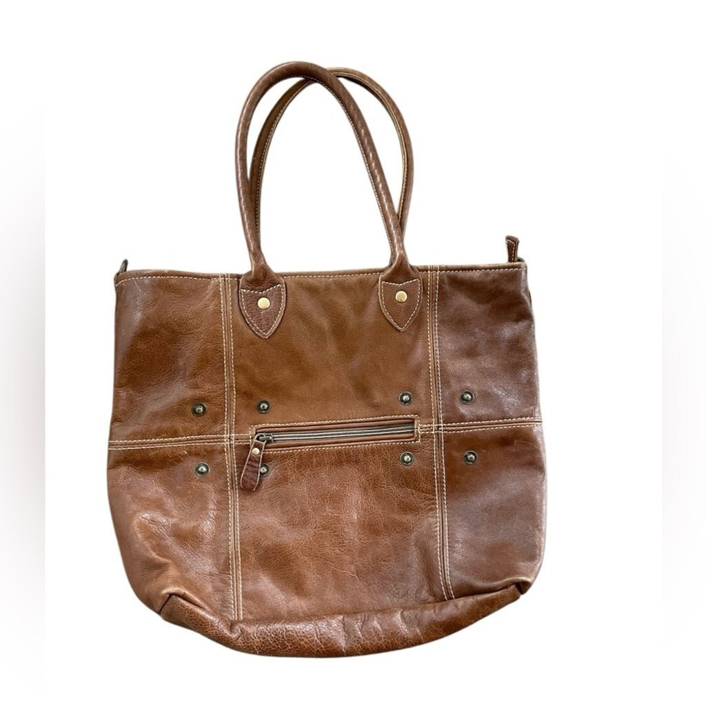 Myra Bag Buttons and Stitches Brown Leather Tote Bag
