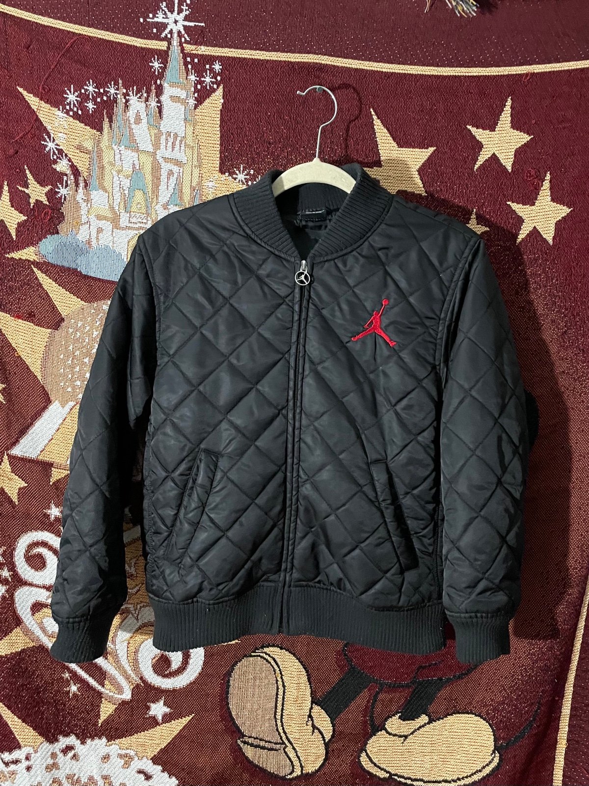 Vintage Y2k Air Jordan Embroidered Quilted Bomber Jacket Youth Size Large Black